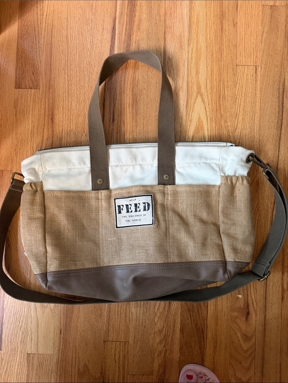 FEED Two-Tone Canvas Messenger Bag in Tan and White